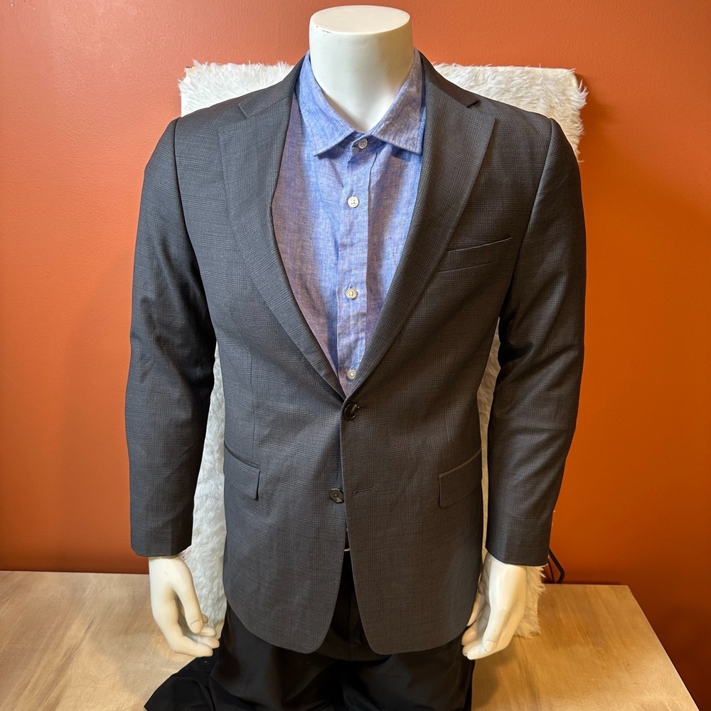 Gabbiacci Milano Mens 52 42R Gray Plaid Wool Lycra 2 Piece Suit Made in Italy